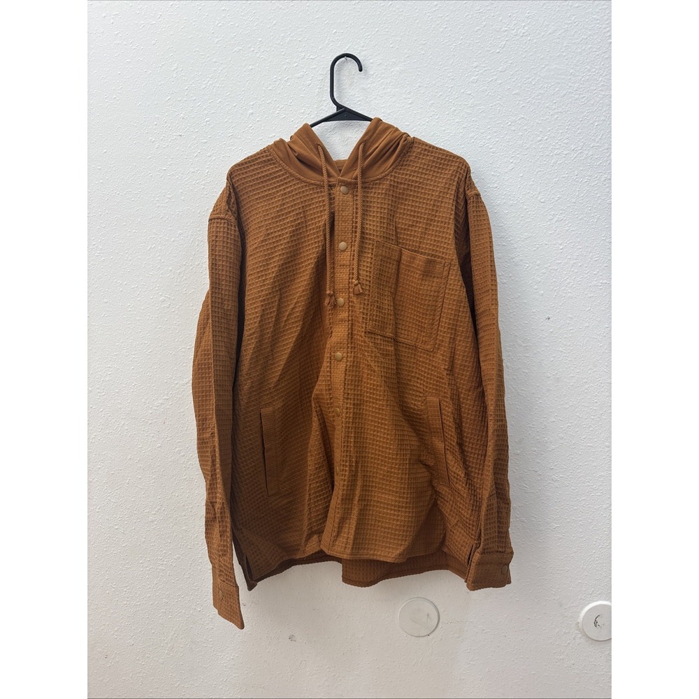 Original Use Mens Waffle Knit Snap Front Hoodie Shirt Jacket Burnt Orange XL